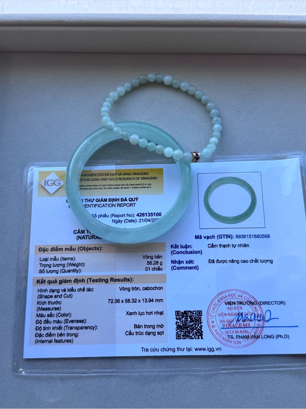Certified Natural Apple Green Jade Bangle and Beaded Bracelet Set